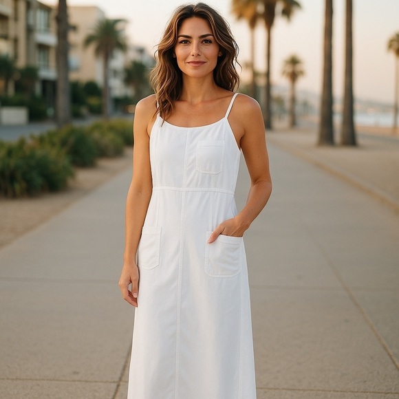 Vintage White Maxi Dress Adjustable Straps Cotton Minimalist Euro Vacay Sundress - Picture 1 of 10